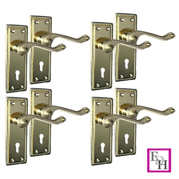EDH Door Hardware Georgian Style Scroll Brass Finish Door Handles, Internal, 4 Sets
