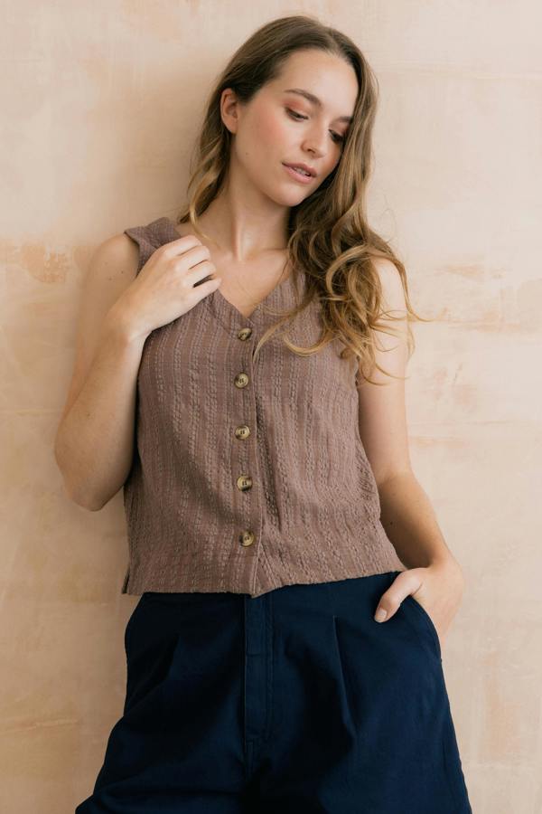 Lily & Me Allium Two Way Button Through Seersucker Vest Mocha