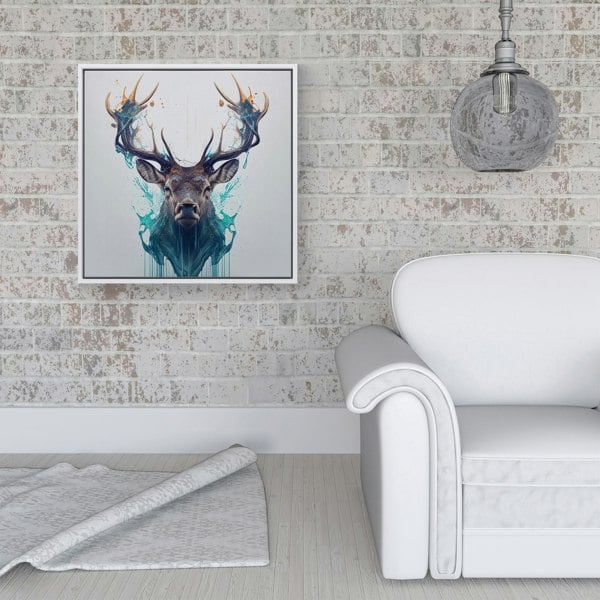 Warren Reed Stag Face Splash Art Framed Canvas