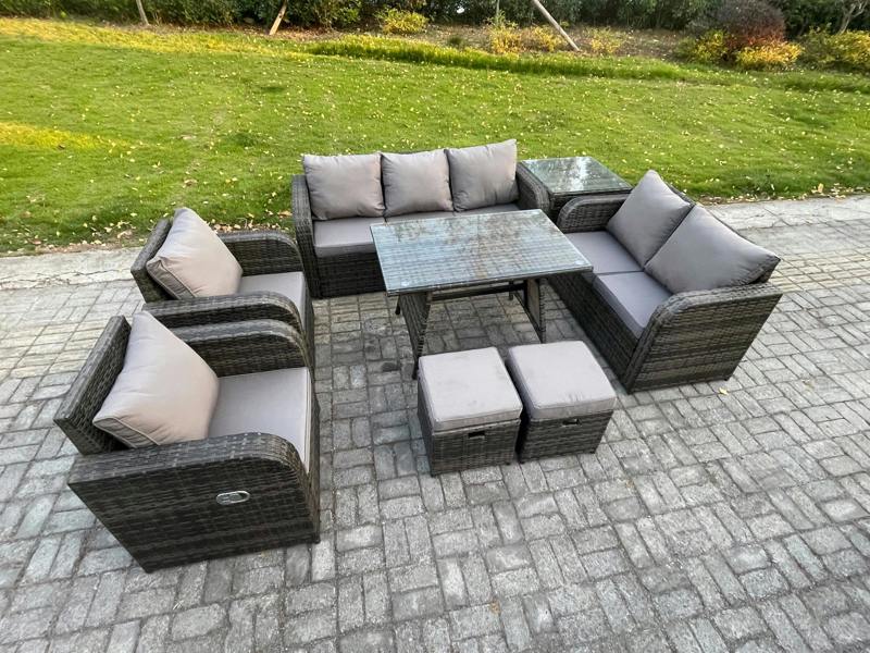 Fimous 9 Seater High Back PE Rattan Set, Outdoor Garden, Dining Table, Reclining Chair, 3 Seater Sofa, Love Sofa, 2 Small Footstools & Side Table