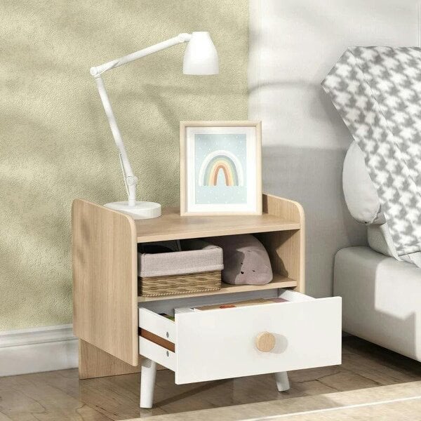 Kids Bedside Table with Drawer and Open Storage Shelf, Wooden Nightstand for Bedroom, Bedside Cabinet, White