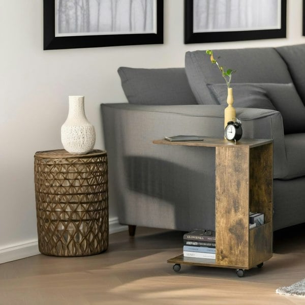 Rafaelo Mobilia Industrial Brown C Shaped Side Table With Storage & Wheels