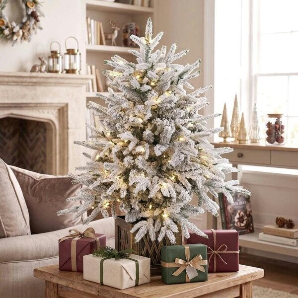 Bobobiy 90 cm Prelit Flocked Table Christmas Tree, Artificial Christmas Tree with 70 Warm White LED Lights, 488 Tips, Green