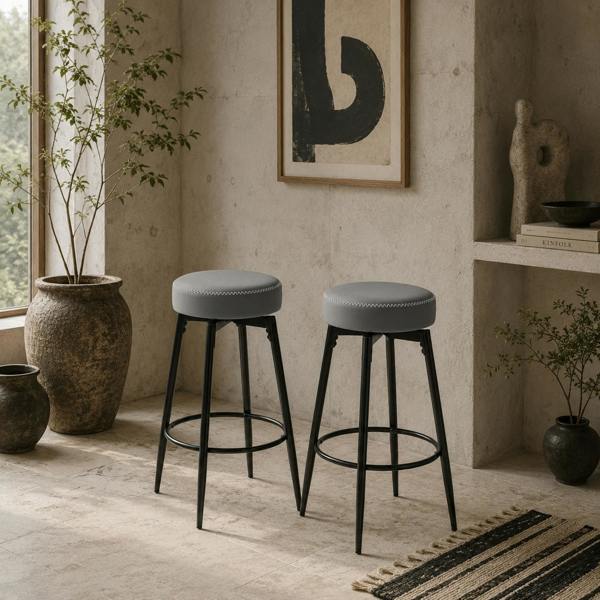 Wyld Haus Relura Faux Leather Grey And Black Bar Stools Set Of 2 With Footrests
