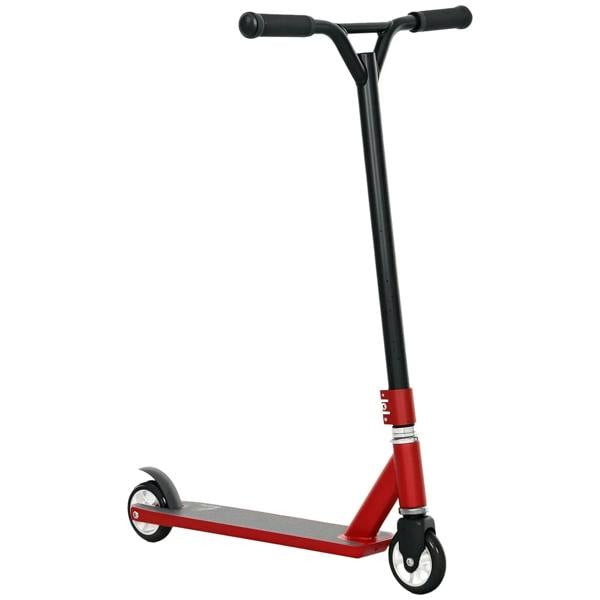 Red stunt scooter with black handlebars and wheels, aluminum deck