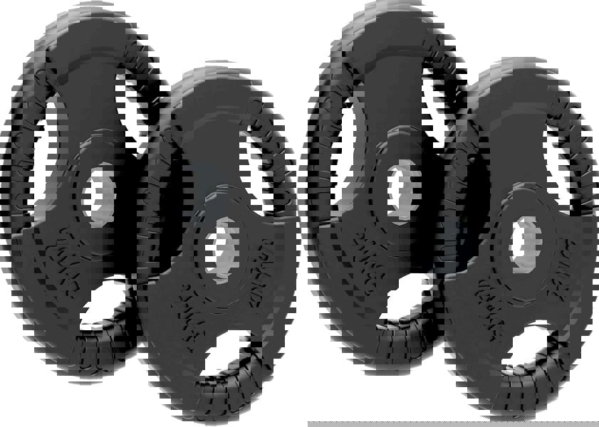 Black rubber Olympic tri-grip weight plates, 20kg each, featuring textured grips and clear weight markings for easy handling