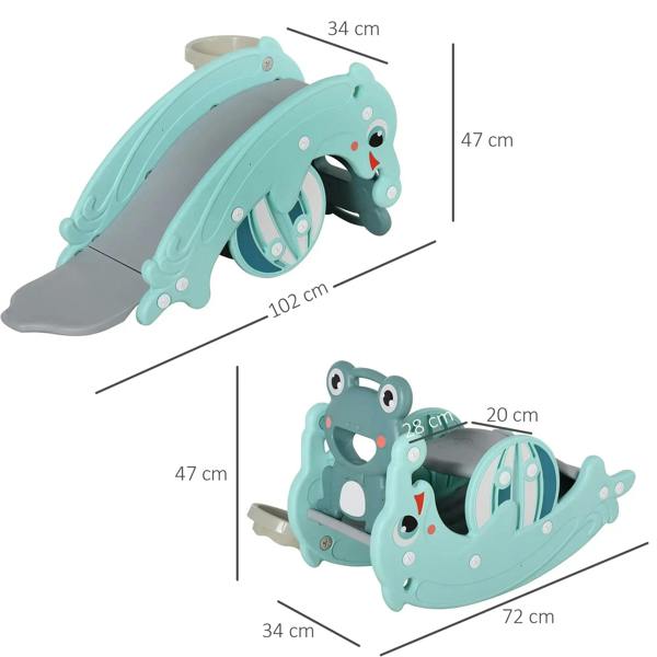 Teal rocking horse slide with basketball hoop, convertible design shown with product outline