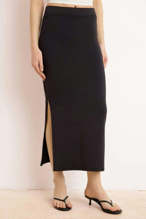 High Waist Slit Detail Bodycon Midi Skirt