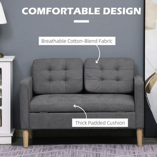 Wyld Haus Labasu Fabric Grey 2 Seater Sofa With Hidden Storage Tufted Seat And Wooden Legs