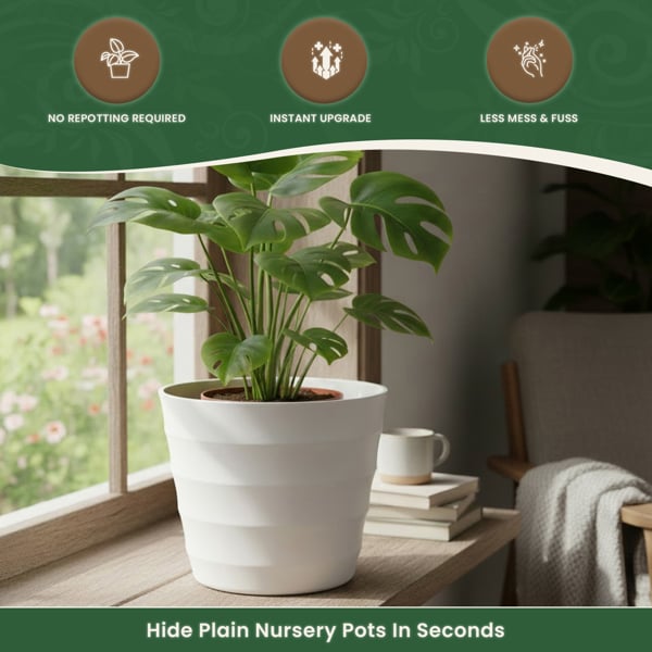 The Garden Marketplace Quality White Rigid Plastic Plant Pot Cover, 28cm Top Inside Diameter, 8.5mm Thick UV Resistant Waterproof Cachepot