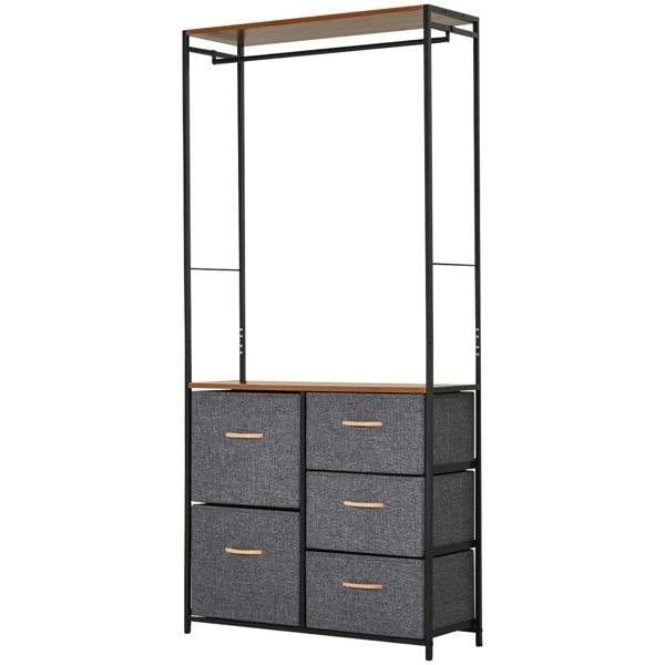 Coat rack chest with black steel frame, brown top shelf, and 5 grey fabric drawers