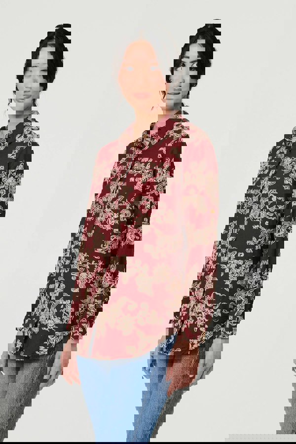 Burgundy | Floral Embroidered Long Sleeve Blouse
