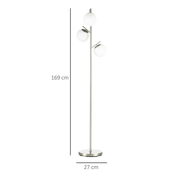 Silver 3-light floor lamp with white globe shades, height and base size shown
