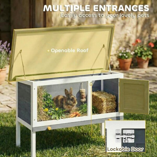 Wooden Rabbit Hutch, Guinea Pig Hutch with Asphalt Roof, Outdoor Elevated Bunny House for Rabbits, Chinchillas
