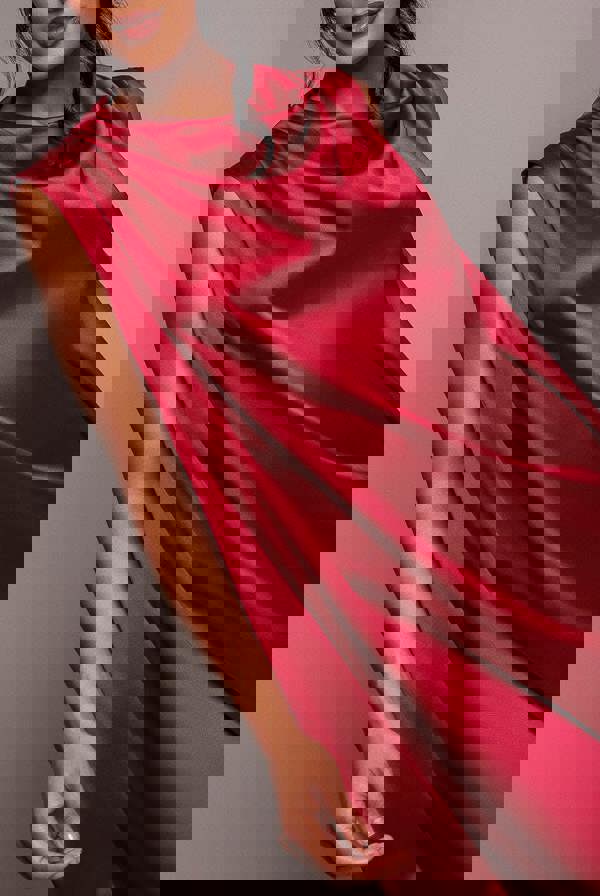 Cowl Neck Back Wing Satin High Low Midi Dress - Berry DR4608