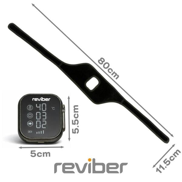 The Reviber Infrared Light Therapy Pad is a black wearable fitness device with an 80cm adjustable strap (5.5cm wide) and a 5x5cm digital control unit displaying numbers and icons. Features infrared massage technology and the Reviber logo at the bottom.