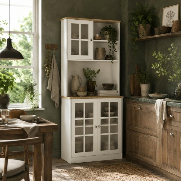Wyld Haus Somire Wooden White Kitchen Storage Cabinet With Glass Doors Countertop And Adjustable Shelves