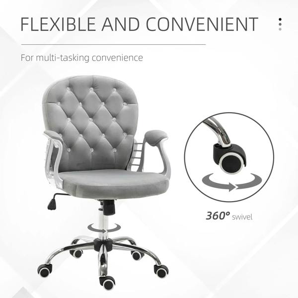 Grey velvet swivel office chair with armrests and 360-degree rotating base