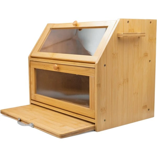 Maison des Cadeaux Large 2-Compartment Bamboo Bread Bin with Sliding Chopping Board