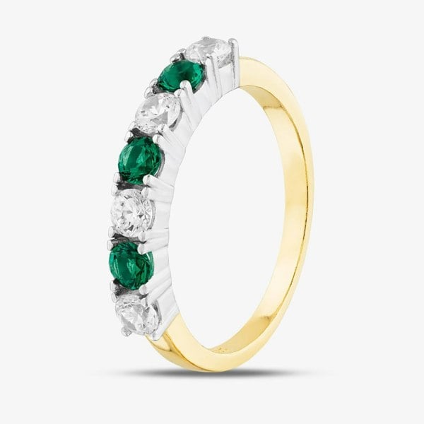 T. H. Baker Silver Gold Plated Brilliant Cut Green & White Cubic Zirconia Half Eternity Ring S2216Y