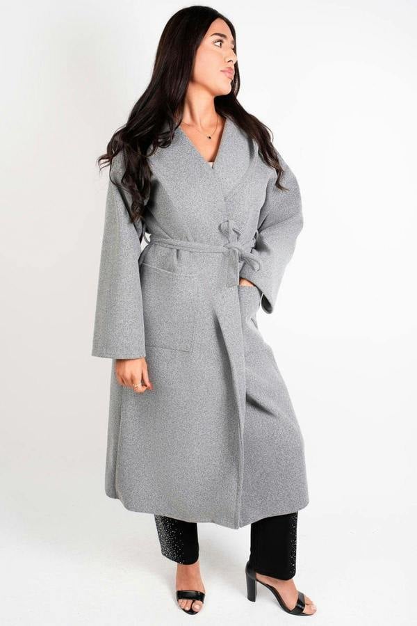 Vionna Hooded Longline Belted Wrap Coat - Grey