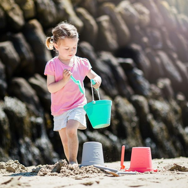 Bigjigs Toys 3 Silicone Beach Toys, Bucket, Flyer and Spade - Turquoise