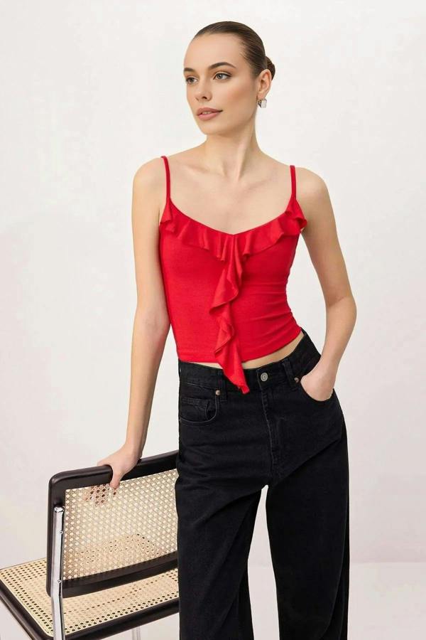 Strappy Ruffled Fitted Knitted Blouse