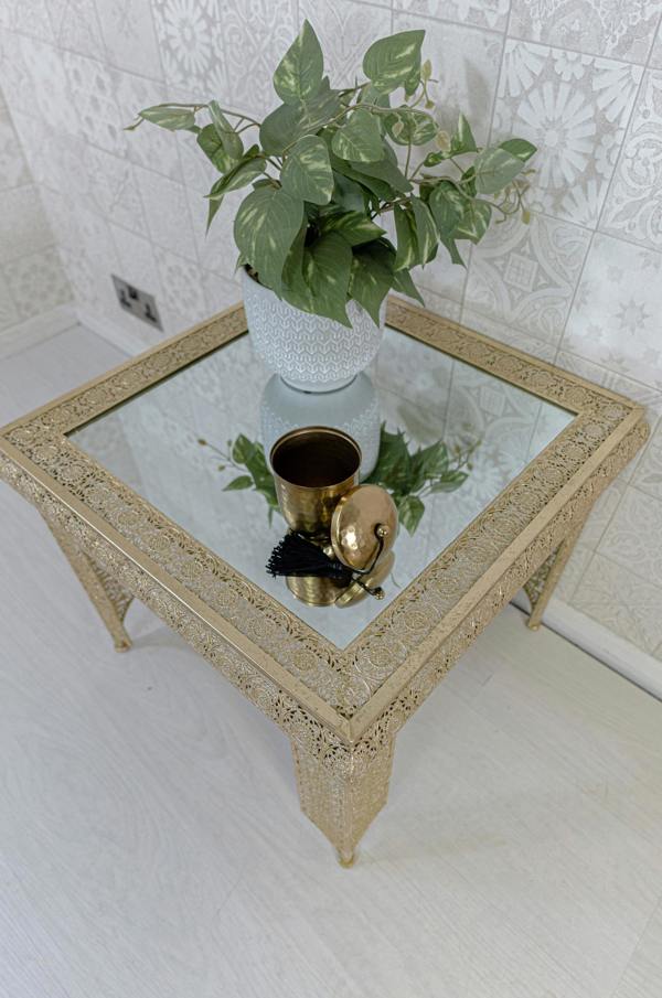 Downton Interiors Light Gold Embossed Metal Mirrored Glass Side Table - Agadir Range