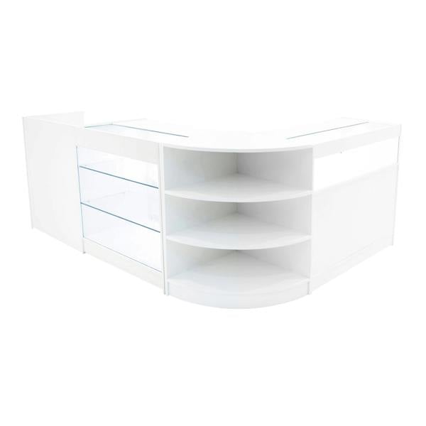 Curved white LED shop counter set featuring glass display shelves and sleek modern design, ideal for retail environments