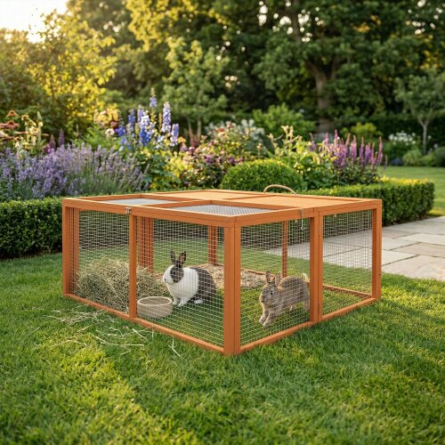 PawHut Rabbit Hutch, Folding Wooden Rabbit Run with Openable Top, Orange - Fir wood, steel wire - Orange - 1