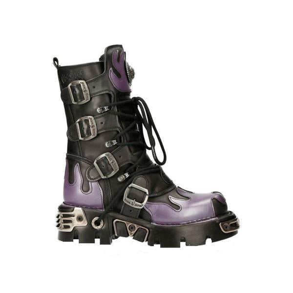 New Rock Flame Accented Black/Red Leather Biker Skull Boots- M-591-S5