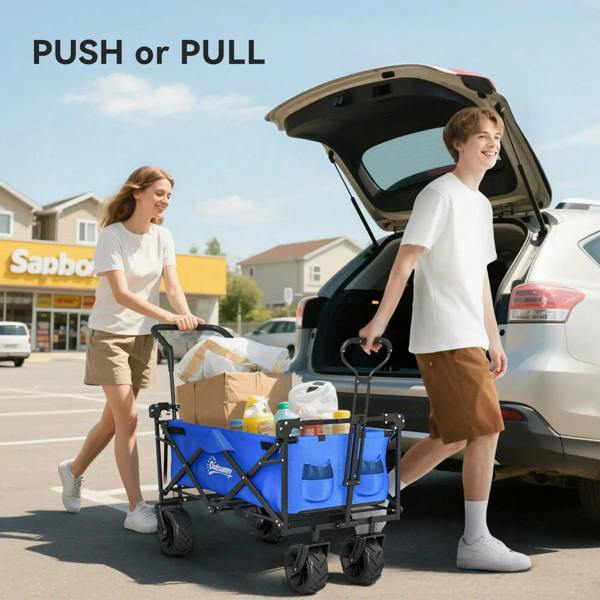 Blue storage trolley wagon with overhead canopy, dual push-pull bars, four wheels