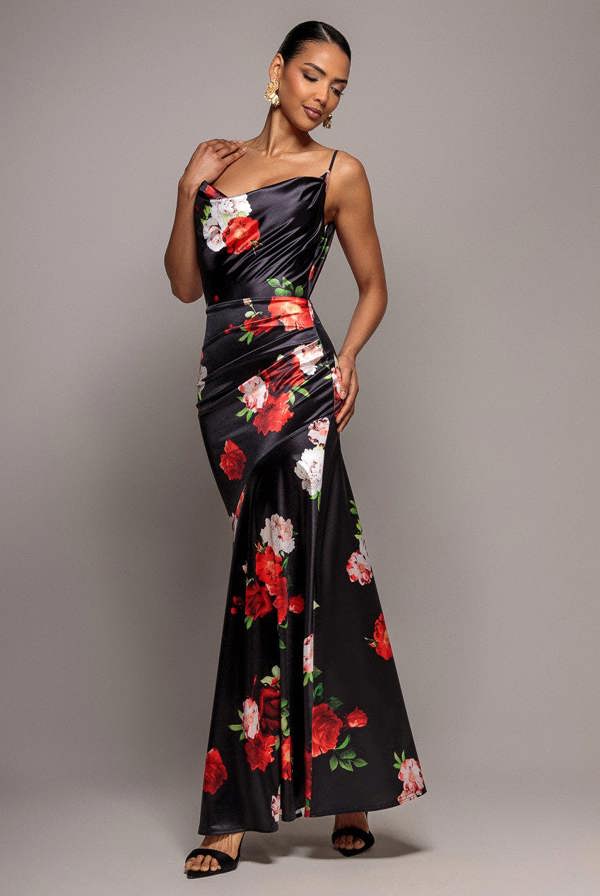 Floral Print Satin Cowl Neck Maxi Dress - Black DR5191
