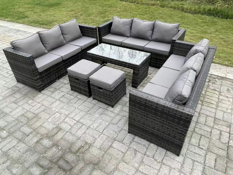 Fimous Outdoor Rattan Garden Furniture Lounge Sofa Set With Oblong Rectagular Coffee Table 2 Footstools