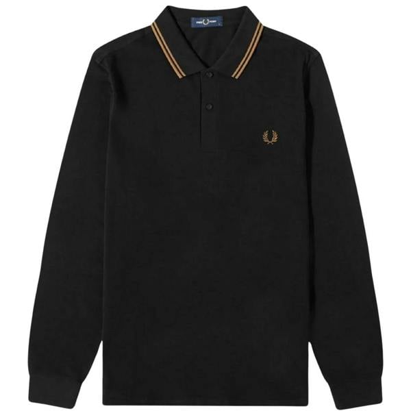 Fred Perry Mens Double Tipped Collar Long-Sleeved Polo Shirt - Black/Stone - 