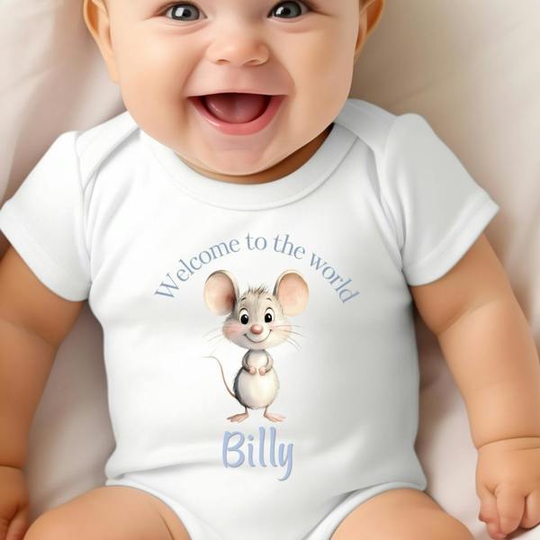 Personalised Blue Mouse Welcome Baby Grow, Vest or Bib with Name