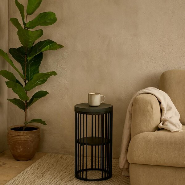 Wyld Haus Dublin Black Marble Effect Round Bedside Table with Black Steel Frame