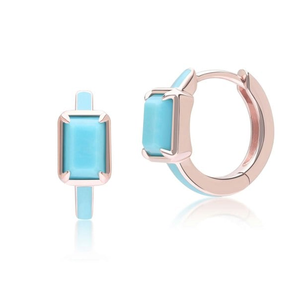 Gemondo Siberian Waltz Blue Enamel & Octagon Turquoise Hoop Earrings In Rose Gold Vermeil