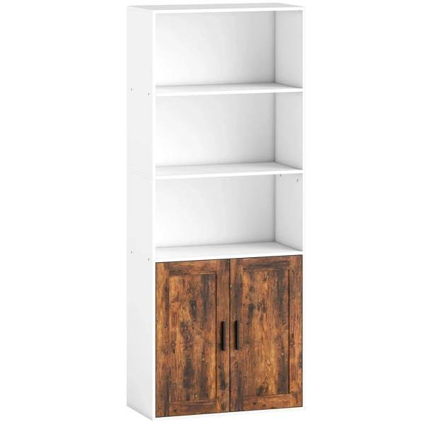 Rustic brown 5-tier bookcase with adjustable shelves and two-door cabinet base