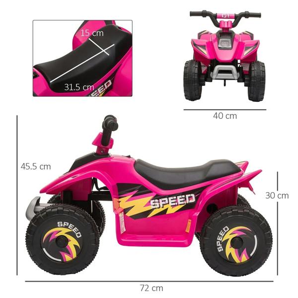 Pink kids ride-on ATV quad bike with black seat, speed-style graphics, and four big wheels