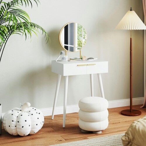 Wyld Haus Sovaha White Elegant Dressing Table With Round Mirror 60 x 40 x 123cm