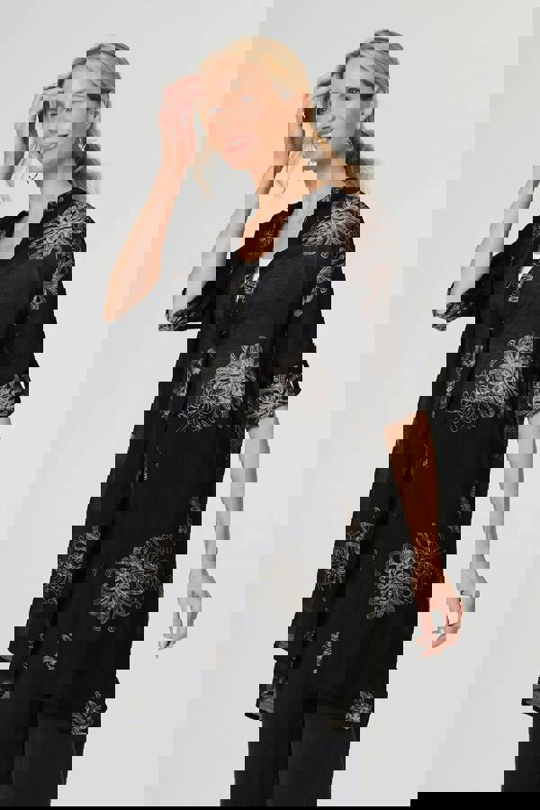 Black | Floral Semi Sheer Longline Tunic Shirt