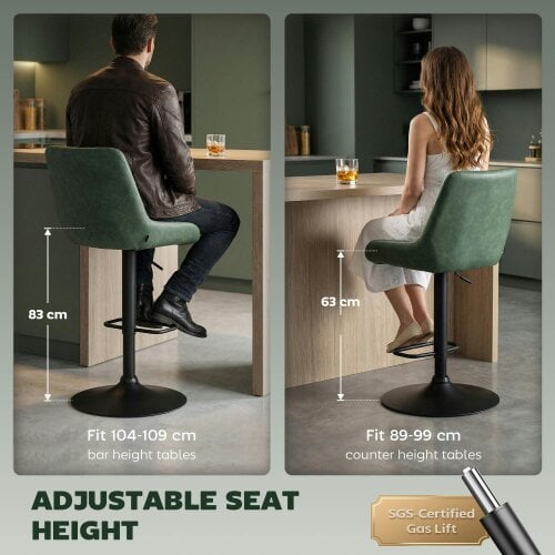 Wyld Haus Milosu Fabric Green Adjustable Retro Bar Stools Set Of 2 With Swivel Seats