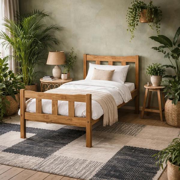 Wyld Haus Tralee Brown Wooden 3ft Single Bed with Slatted Headboard and Footboard