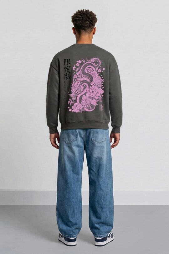 London Attitude Oversized Heavyweight Japanese Dragon & Floral Graphic Sweatshirt - Steel Grey