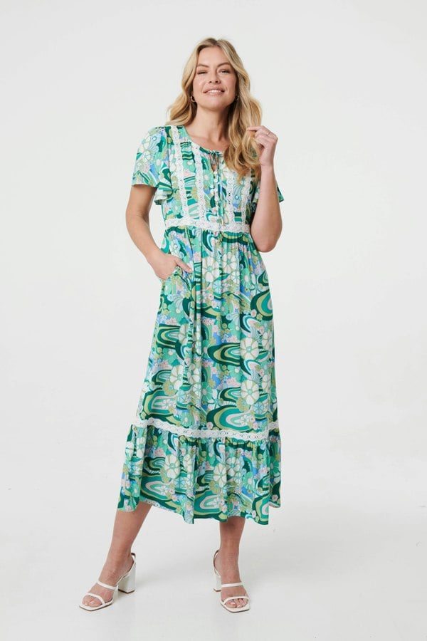Green | Abstract Lace Trim Tie Neck Midi Dress
