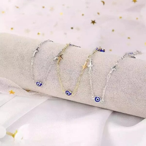 The Colourful Aura Gold and Silver Evil Eye Cross Christian Charm Protection Bracelet