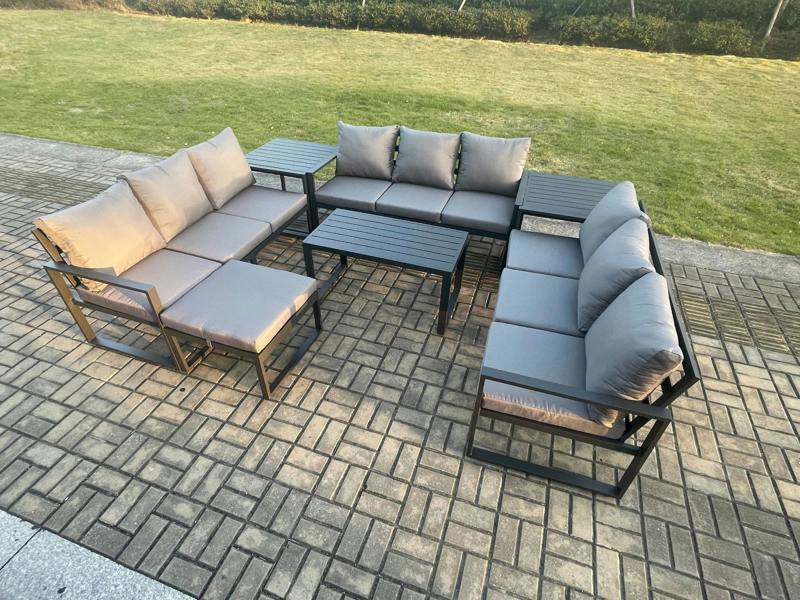 Fimous Aluminium 10 Seater Outdoor Garden Set, Lounge Sofa, Oblong Coffee Table, Big Footstool and Side Table Sets with Cushion, Dark Grey