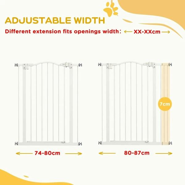 Adjustable-width white metal dog gate with two folding sections and end brackets