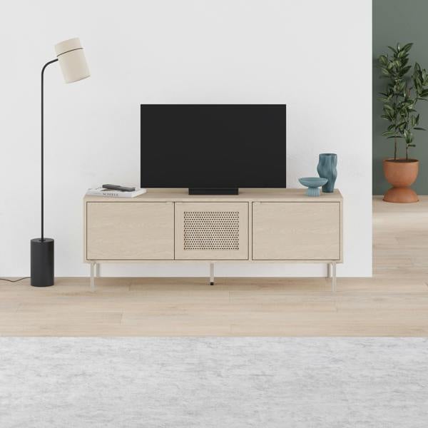 Decortie Modern 140cm TV Stand Unit 50" TVs with 3 Soft-Close Doors, Laser-Cut Pattern, Storage Shelves, Sonoma Oak